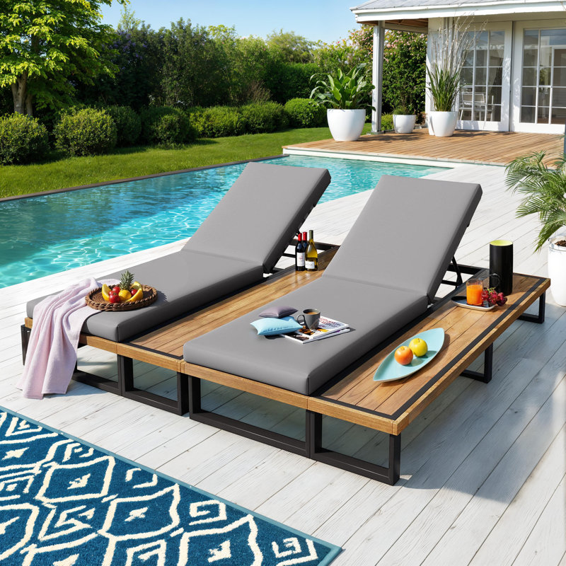 Set of 2 Outdoor Chaise Lounge Chairs with 5-Position Backrest, Side Tables & Cushions, Acacia Wood & Iron Frame, Gray