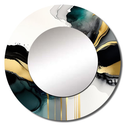 Qiona Abstract Geode Marble White And Gold V - Marble Large Mirror, White Round Decorative Wall Mirror, Printed Metal Art