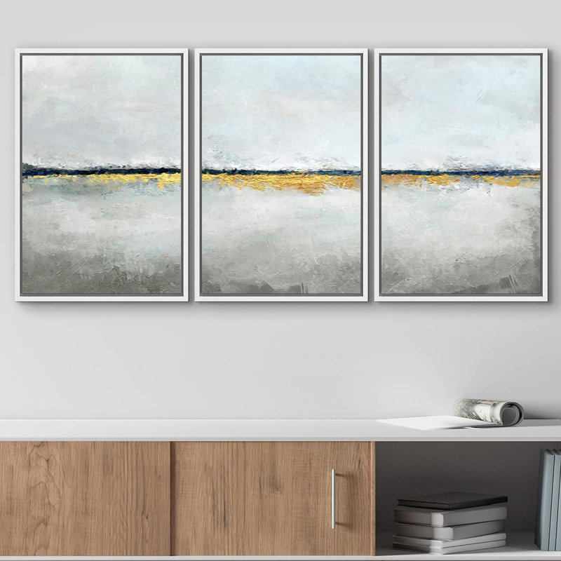 «Minimal Landscape Minimal Pastel Blue Gold Paint Landscape Abstract Shapes Modern Art Decor on Canvas», reproduction de 3 pièces