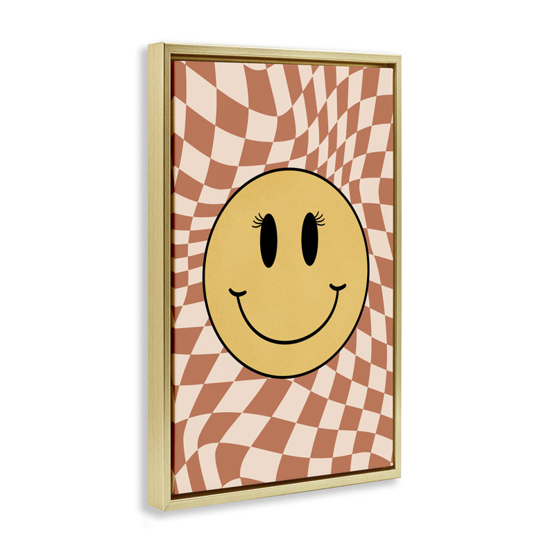 Toile flottante encadrée «Wavy Checkered Smiley» par JJ Design House, LLC., Cadre flottant métallique doré, H 31 po x l 21 po