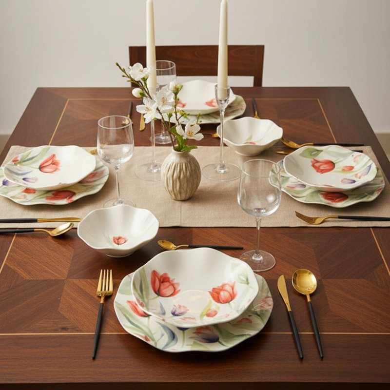 Ensemble de vaisselle en porcelaine tulipe décorative (ensemble de 18), Blanc/rouge