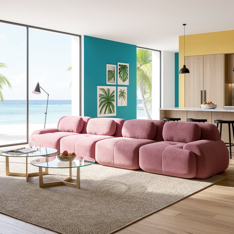 Canapé modulaire en velours côtelé 4 places avec design doux et moderne rose poudré sans assemblage pour les salons et les chambres