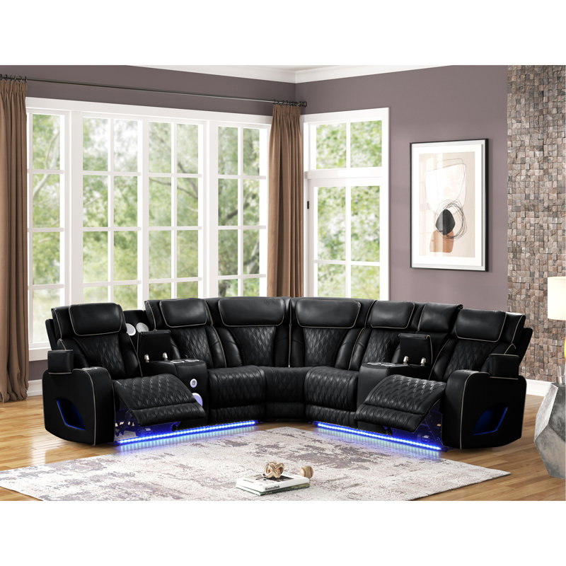 Canapé modulaire inclinable électrique de style moderne avec haut-parleur Bluetooth et DEL en bois et en métal, fonction de massage incluse - Noir