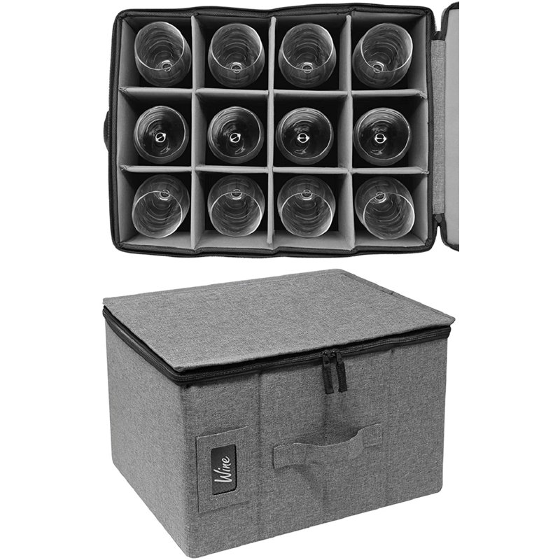 Gray Fabric Collapsible Stemware Storage Box with Dividers
