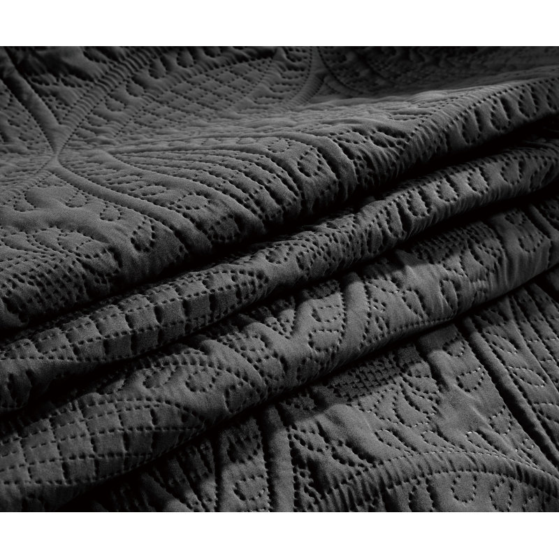 Ensemble de couvre-lit 3 pièces à motif floral réversible, Noir, Couvre-lit de très grande taille et 2 taies déco
