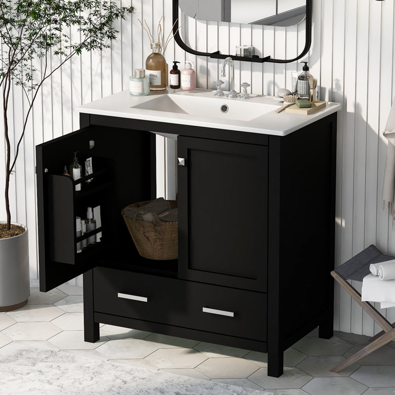 Nebo Single Bathroom Vanity with Ceramic Top, Silver, Black, 30"