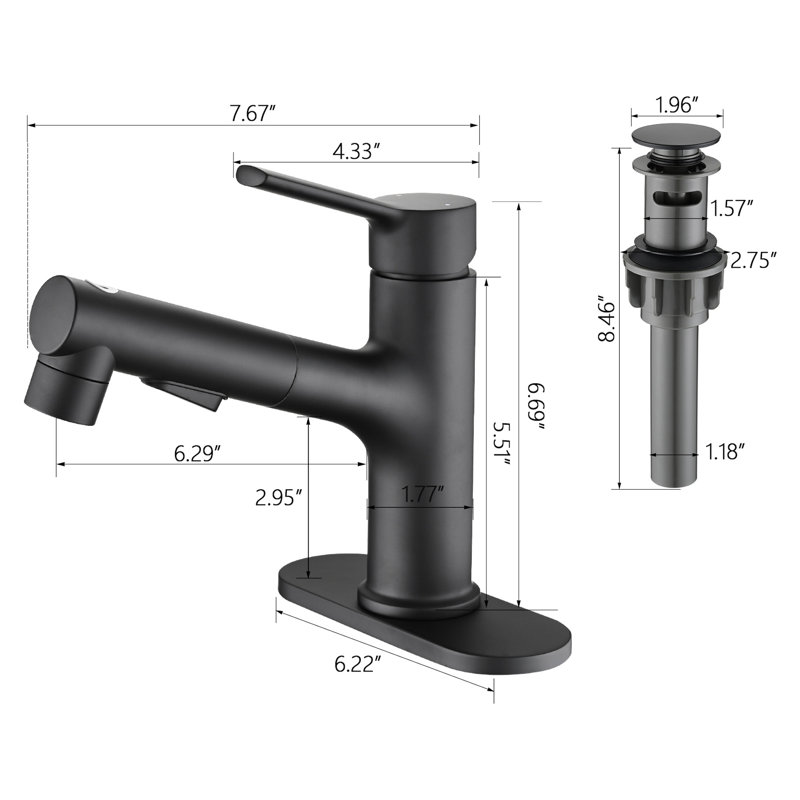 Robinet de lavabo de salle de bain moderne avec drain escamotable et bonde escamotable, drain de robinet d'évier contemporain noir mat