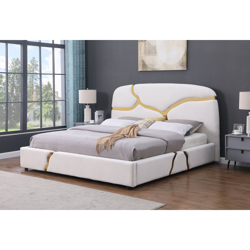 Desalvo Upholstered Stainless Steel Decoration Bed, Cream, King