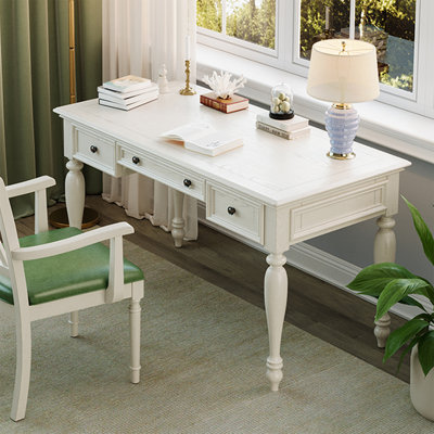 Beige Rectangular Solid Wood with 3 drawers desk