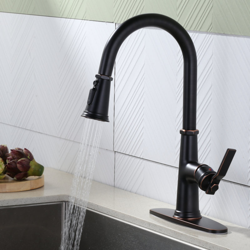 Stainless Steel 3-Function Single Handle Pull Down Kitchen Faucet With Deckplate, Oil Rubbed Bronze