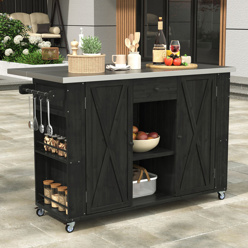 Outdoor Kitchen Island Fir Wood Kitchen Island with Stainless Steel Top, Black