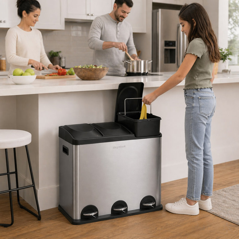 Poubelle à recyclage à 3 compartiments, poubelle de cuisine à pédale en acier inoxydable 16 gallons, système de tri triple pour les déchets, le recyclage et le compost, 3 seaux intérieurs amovibles, résistant aux empreintes digitales