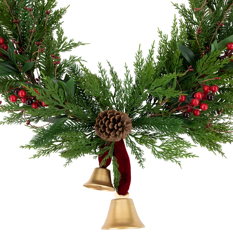 28" Green and Red Artificial Christmas Wreath with Bells