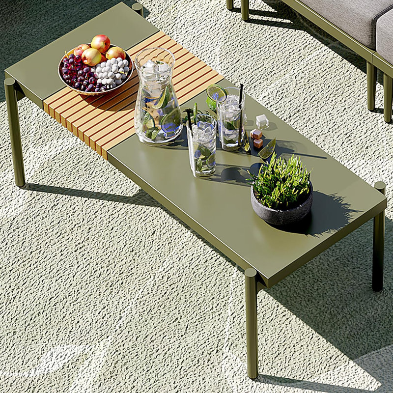 Table basse de patio en métal toutes saisons - plateau à lattes en bois durable et spacieux, Vert