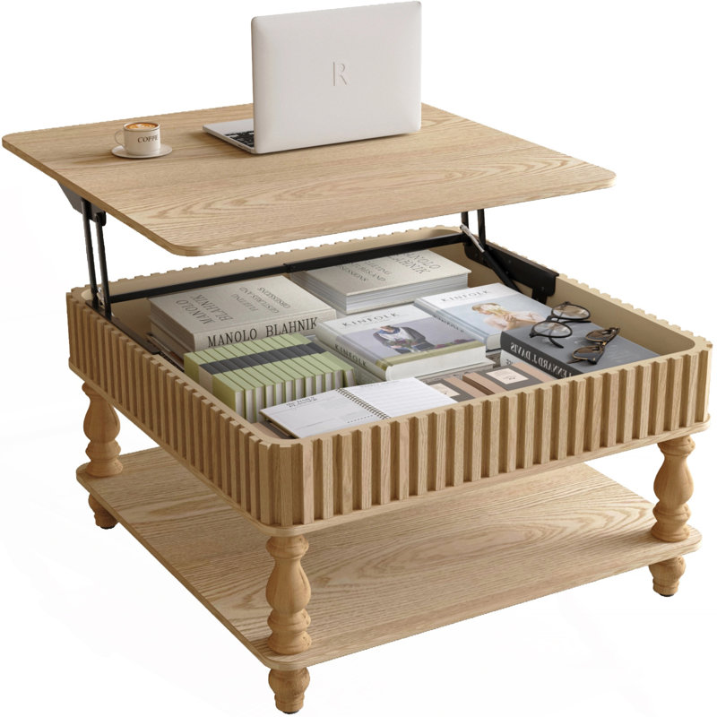 Table basse carrée à plateau relevable cannelé avec rangement caché et ouvert, Bois naturel