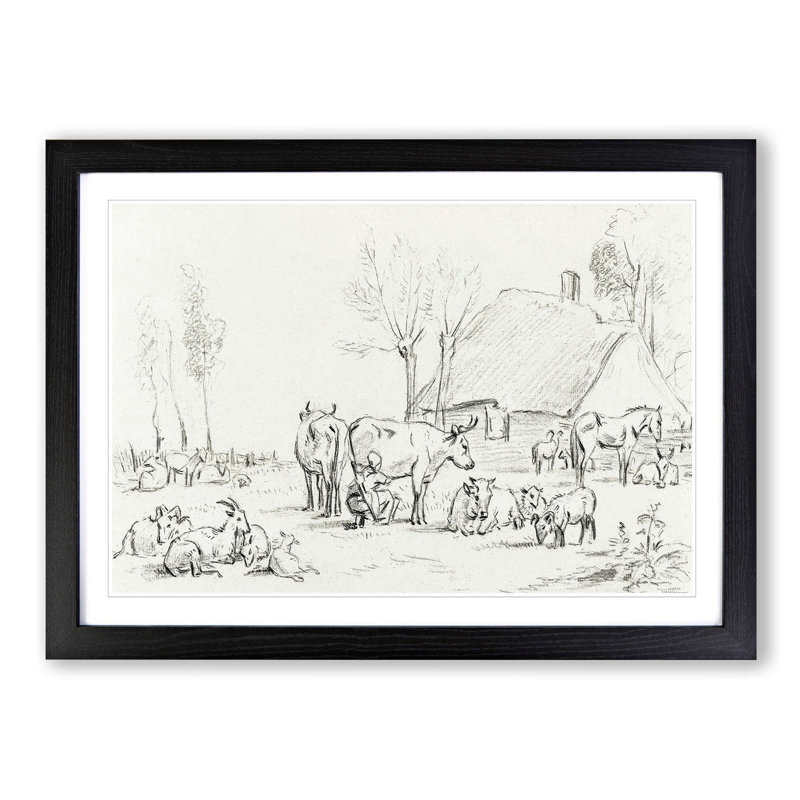 Farm Animals by Jean Bernard - Picture Frame Drawing Print, Black Framed, 27cm H x 36cm W x 2cm D