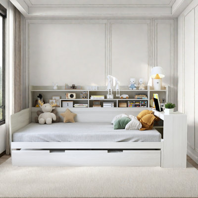 Multifunctional Wooden Daybed With Storage Shelves, Study Desk And Trundle