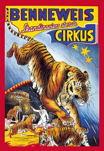 Publicité rétro benneweis cirque par oscar knudsen, H 30 po x l 20 po x P 1,5 po