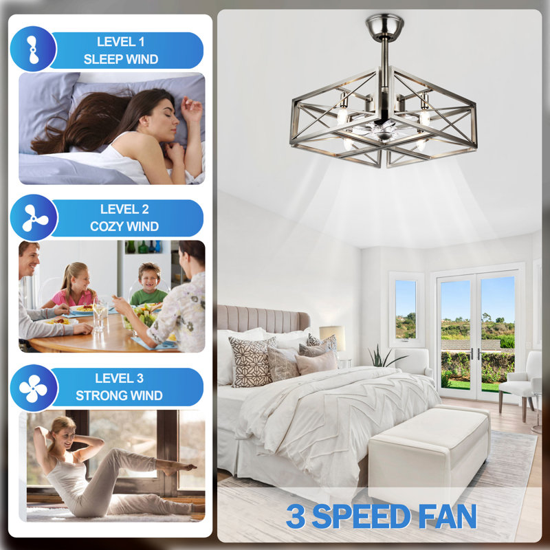 Franciousha 19,5 po Ventilateur de plafond industriel en nickel avec lumières, ventilateur de plafond réversible à 3 vitesses avec télécommande