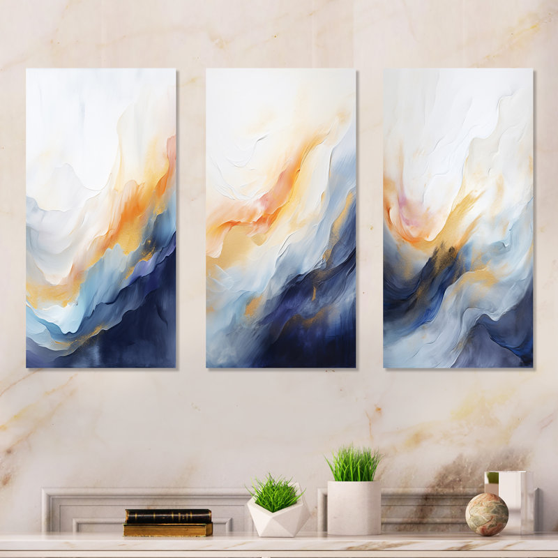 Tempête de marbre bleu et jaune I - ensemble de 3 peintures murales abstraites, 28" H x 36" W