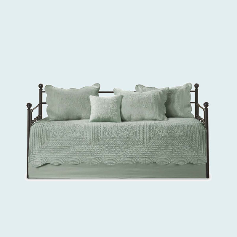 6 Piece Reversible Scalloped Edge Daybed Cover Set Daybed, Seafoam, Twin Coverlet/Bedspread + 3 Standard Pillow Shams