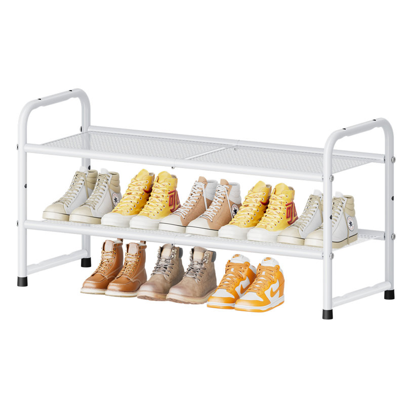 32'' Wide 2-Tier Metal Mesh Shoe Rack for Closet, Stackable and Adjustable, Good for High Heels, White