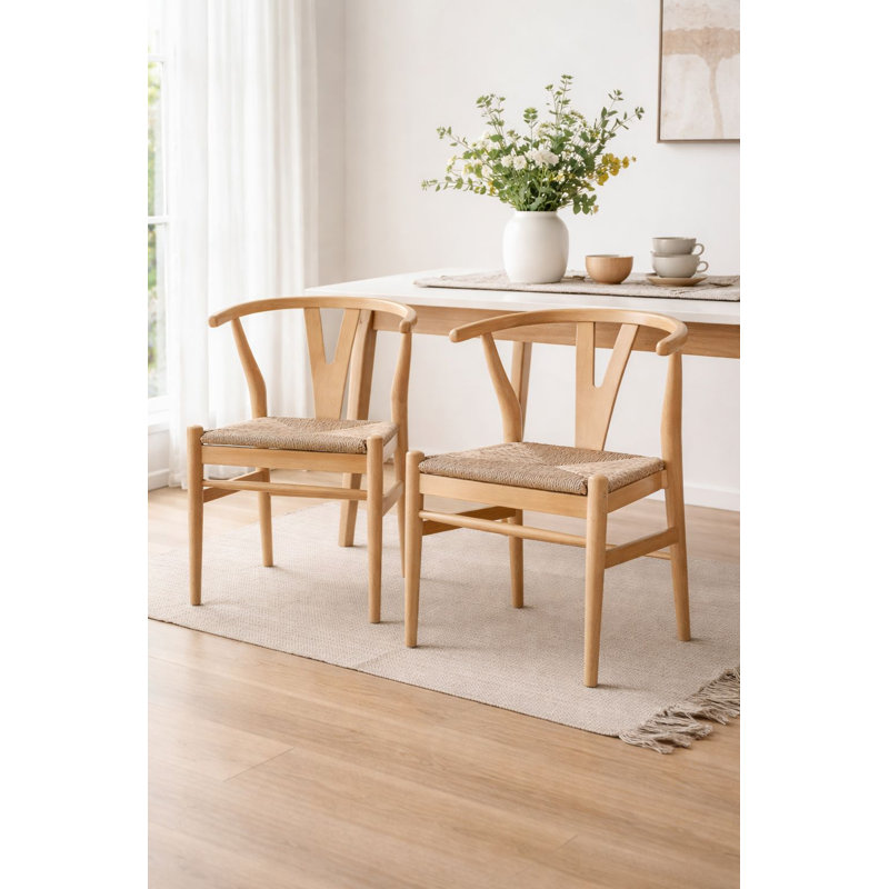 Ensemble de 2 chaises de salle à manger Cera, corde tissée à la main, bois, Brun naturel / beige