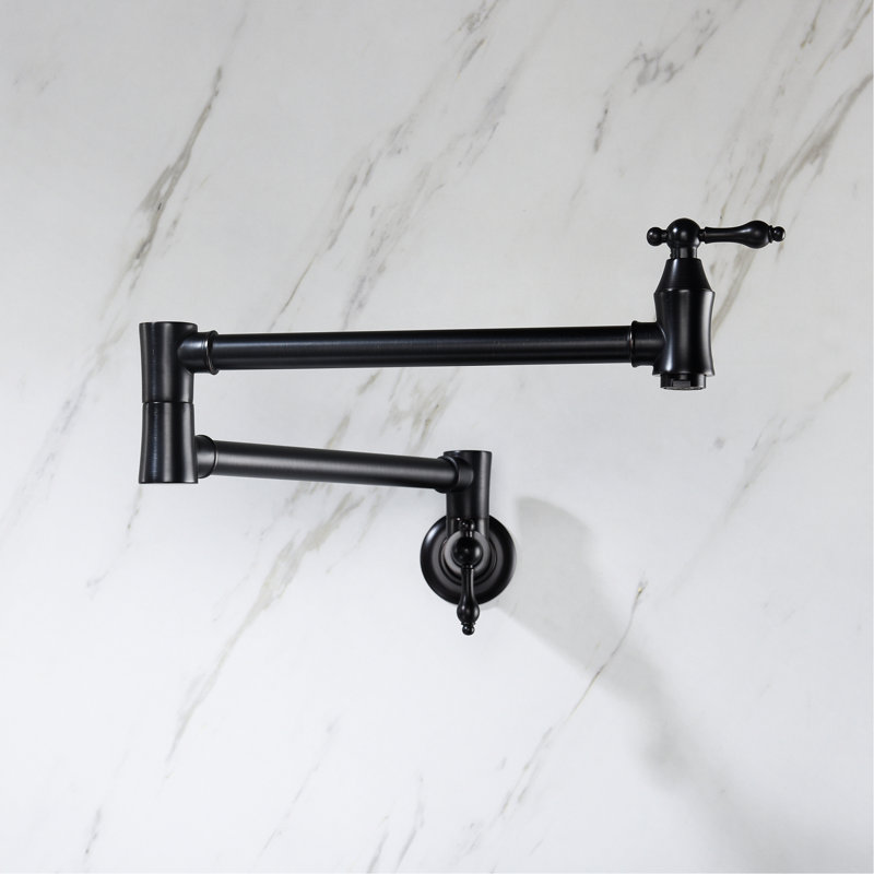 Matte Black Pot Filler Faucet For Wall Mount, Foldable Arm, 360 Rotation, Brass Construction, Corrosion Coating, Double Handle Control Mounted Faucet, Folding Functionality, Swivel, Brass, Surface,
