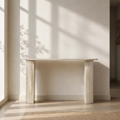 55.12 Inch Faux Travertine Marble Pattern Console Table, Full Rounded Edge 2 Thick Vertical Pedestal MDF Narrow Entryway Sofa Table for Hall, Foyer & Modern Living Room Decor Display