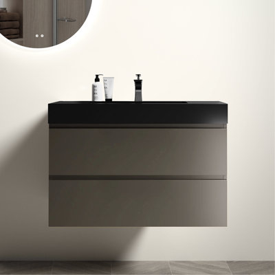 Lavabo de salle de bain 91 cm (36 po) - Gris moderne, grande capacité de rangement, silencieux, fixation murale, poignée biseautée - 91 cm (36 po), grand espace de rangement moderne, installation facile