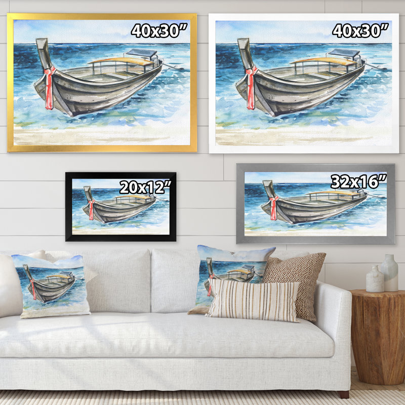 Sloop on Tropical Beach - Peinture sur toile, H 24 po x l 32 po, Cadre de coin argenté fermé