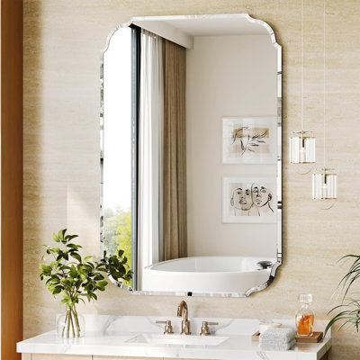 Scalloped Frameless Wall Mirror With Beveled Edge For Bathroom, Entryway And Living Room