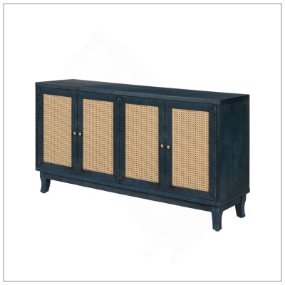 Handcrafted Premium Grain Panels,Rattan Sideboard Buffer Cabinet,Accent Storage Cabinet With 4 Rattan Doors, Modern Storage Cupboard Console Table With Adjustable Shelves For Living Room ,BLUE