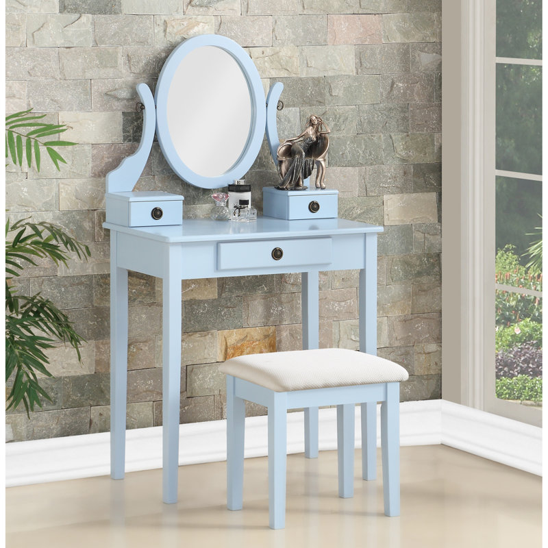 Table de coiffeuse bleue - 3 tiroirs de rangement, miroir en bois réglable, tabouret de rangement contemporain à tiroirs, bois