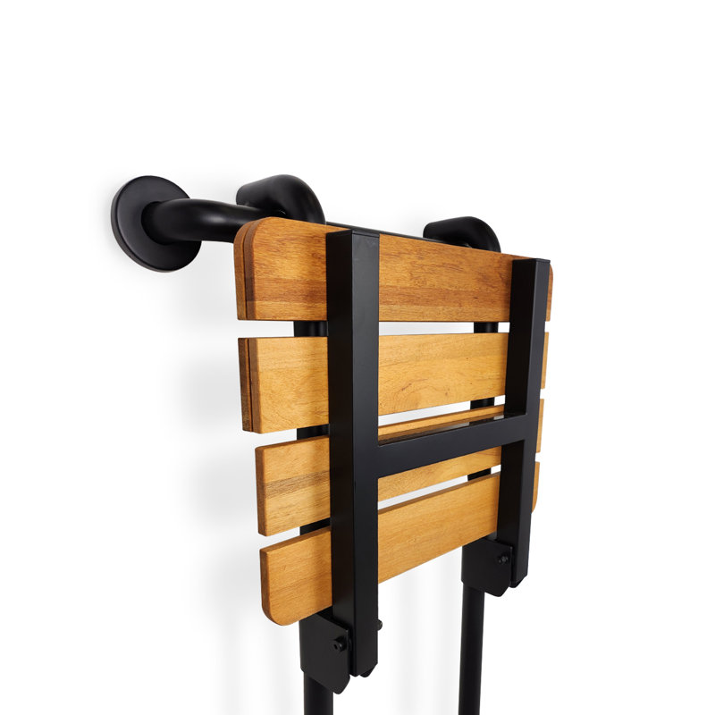 Banc de douche portatif en teck avec barre d'appui 18 po, Natural Teak Wood, Black