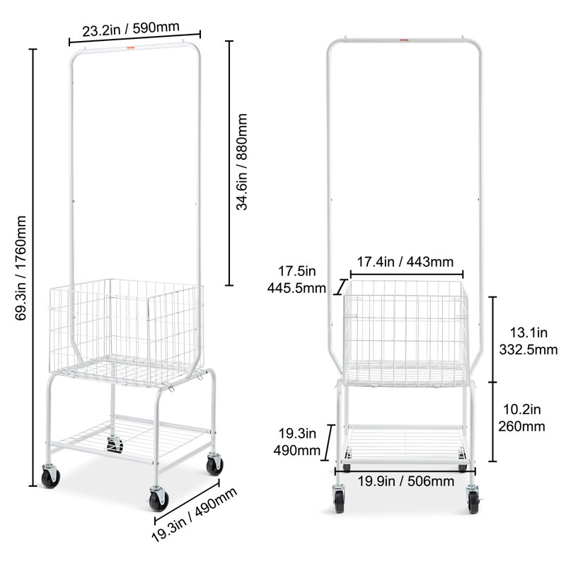 White Metal Rolling Laundry Cart with Adjustable Hanging Rack