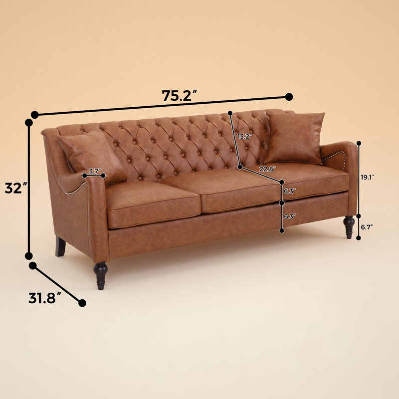 Classic Tufted Sofa with Nail-Head Trim and Solid Frame, Includes Throw Pillows, Brown