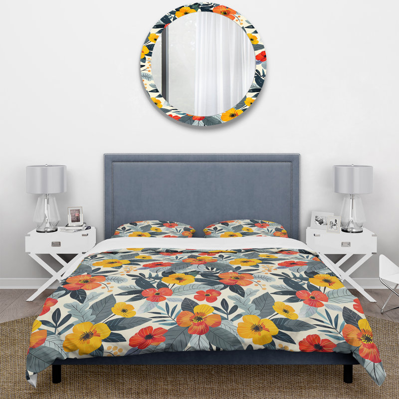 Ensemble de housse de couette jaune et rouge Midcentury Flower Gardens - Midcentury Flowers