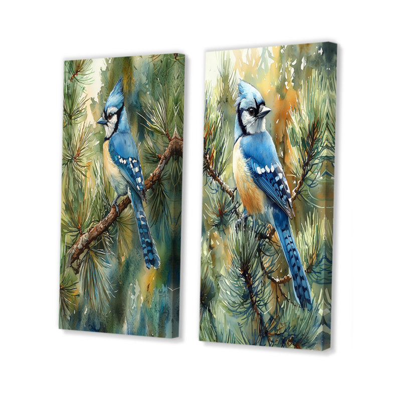 «Blue Jay parmi les pins», art mural 2 pièces, H 28 po x l 25 po, Toile tendue, Ne s'applique pas