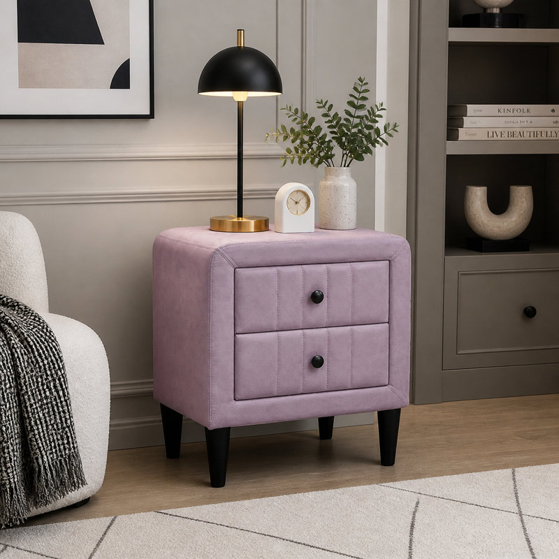 Table de chevet moderne en velours rose clair avec 2 tiroirs, table de chevet rembourrée, élégante table de bout décorative pour la chambre à coucher, largeur de 20 po