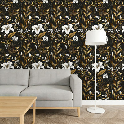 Vintage Floral Peel And Stick Wallpaper - Black And Gold Botanical Pattern, Self-Adhesive Removable Waterproof Vinyl For Walls, Furniture, Cabinets, And Tables