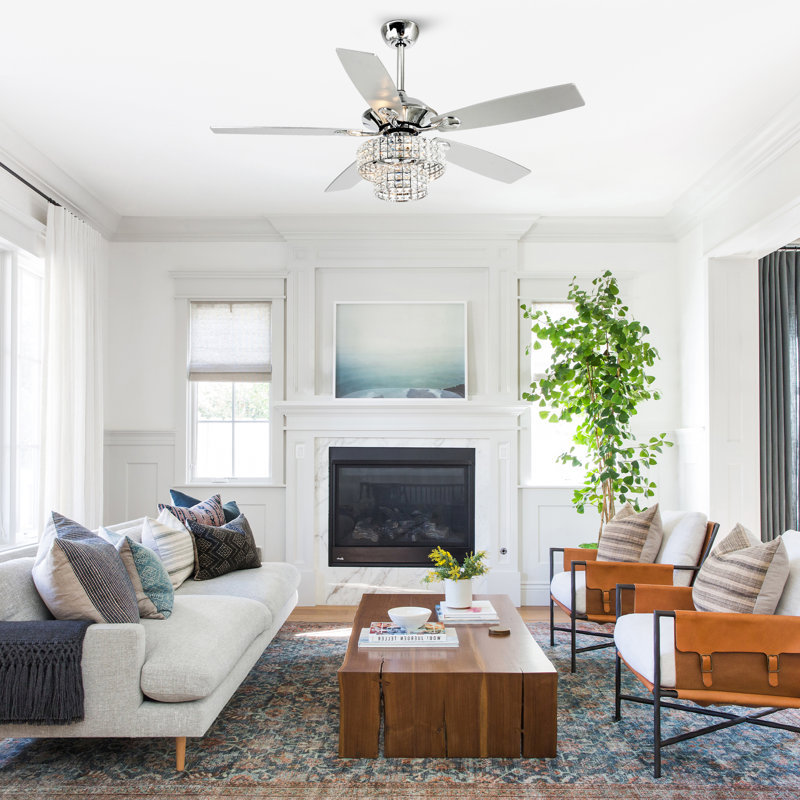 52" Beedle 5 - Blade 2-Tier Crystal Ceiling Fan with Remote Control and Light Kit Included, Chrome