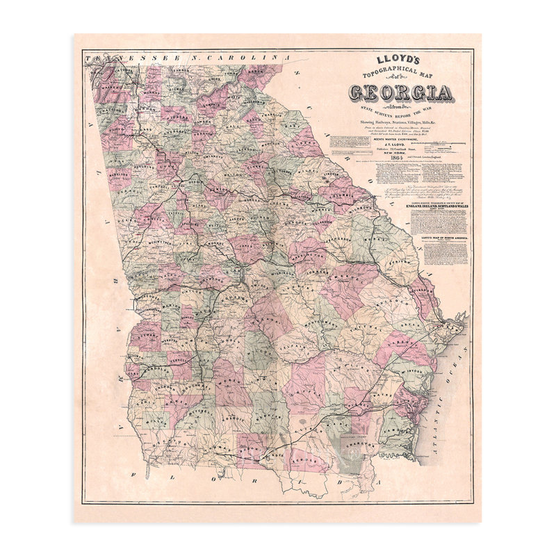 1864 Georgia Map, affiche sur papier, H 30 po x l 24 po x P 0,1 po