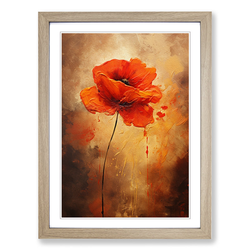 XYZ-FRM-V1223-5297 Poppy Flower Informel - Single Picture Frame Print on Wood, Oak, 64cm H x 46cm W x 2cm D