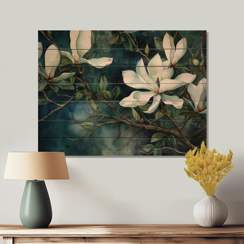 Lubega, paysage de magnolias vert et blanc sur bois, H 30 po x l 40 po x P 0,78 po