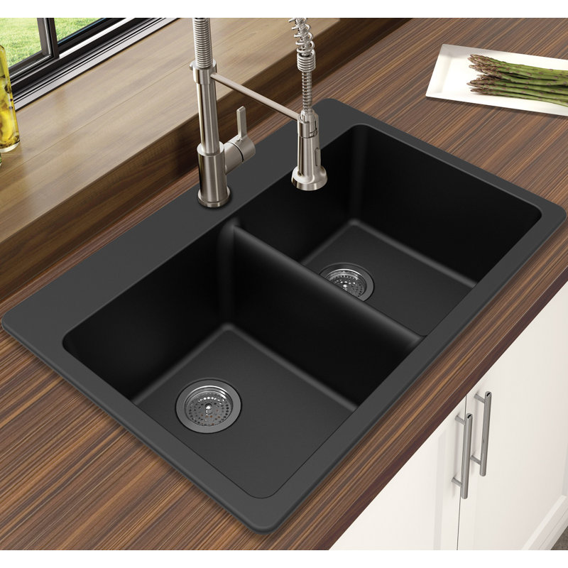 Évier de cuisine à double cuve en granite L 33 po x l 22 po, Noir