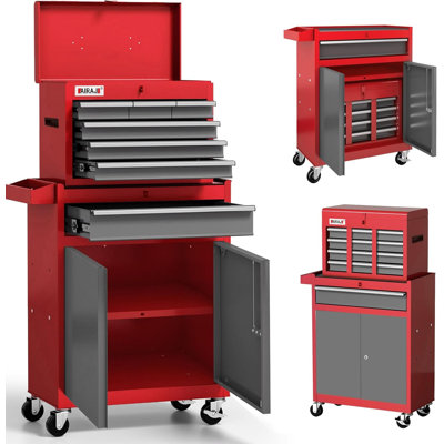 Armoire de rangement pour garage à 7 tiroirs avec roulettes et boîte à outils en métal amovible - H 40 po - Rouge