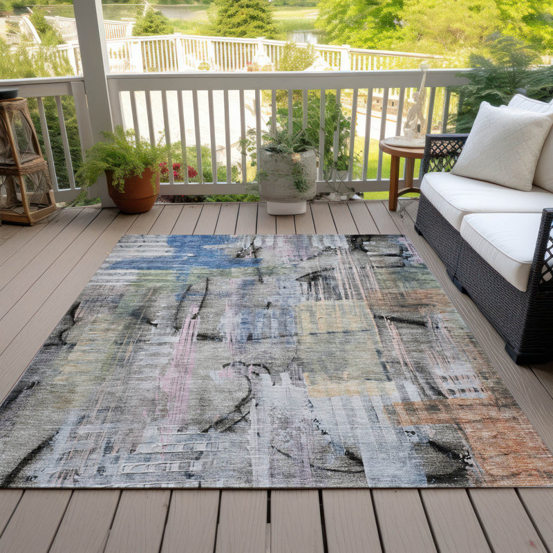 Tapis bleu intérieur / extérieur lavable à la machine Xhevrie, Rectangle 10 pi x 14 pi