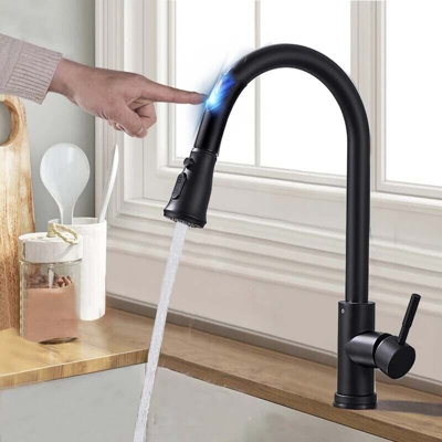 Robinet d'évier de cuisine Mosson noir mat à commande tactile avec douchette extractible et bouton pause