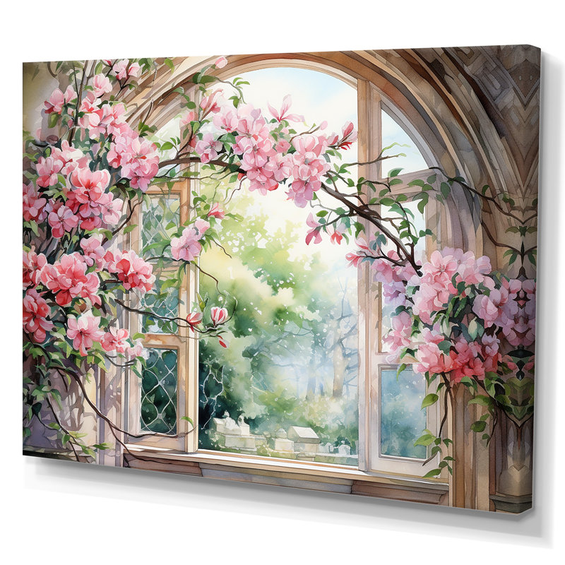 «Pink Blossoming Country Window Gaze IV», art mural fenêtre, Toile tendue, H 12 po x l 20 po x P 1 po
